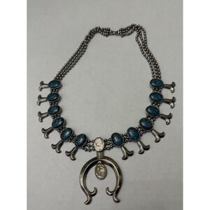 Vintage Squash Blossom Necklace Goldette 24" + 3" Drop Costume Jewelry Turquoise